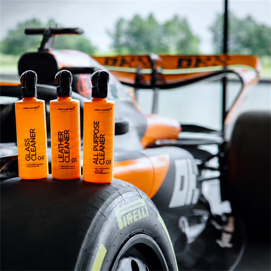 McLaren car care products on a performance vehicle tire